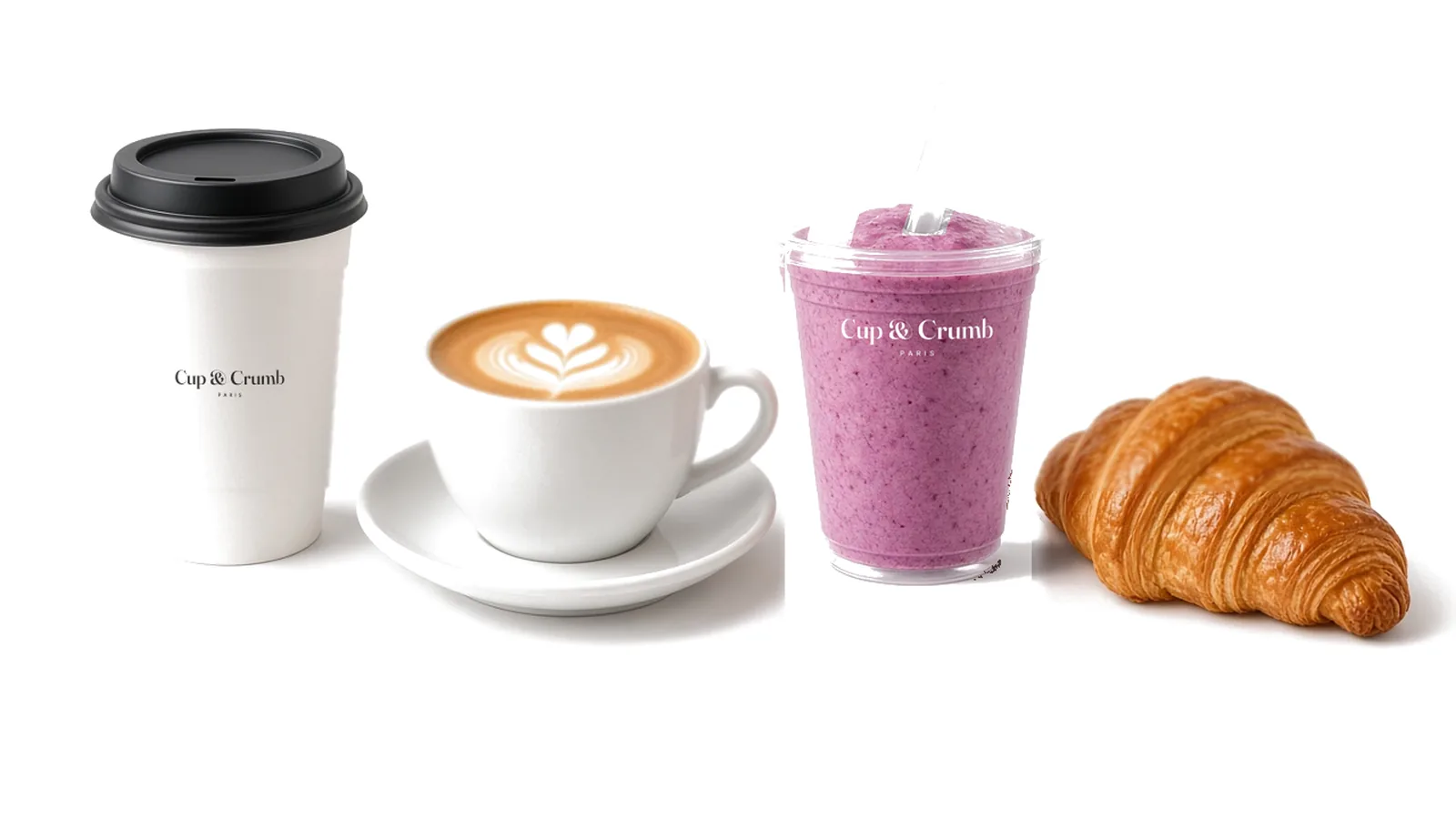 A takeaway coffee cup, a latte in a ceramic cup, a berry smoothie and a croissant on a white surface